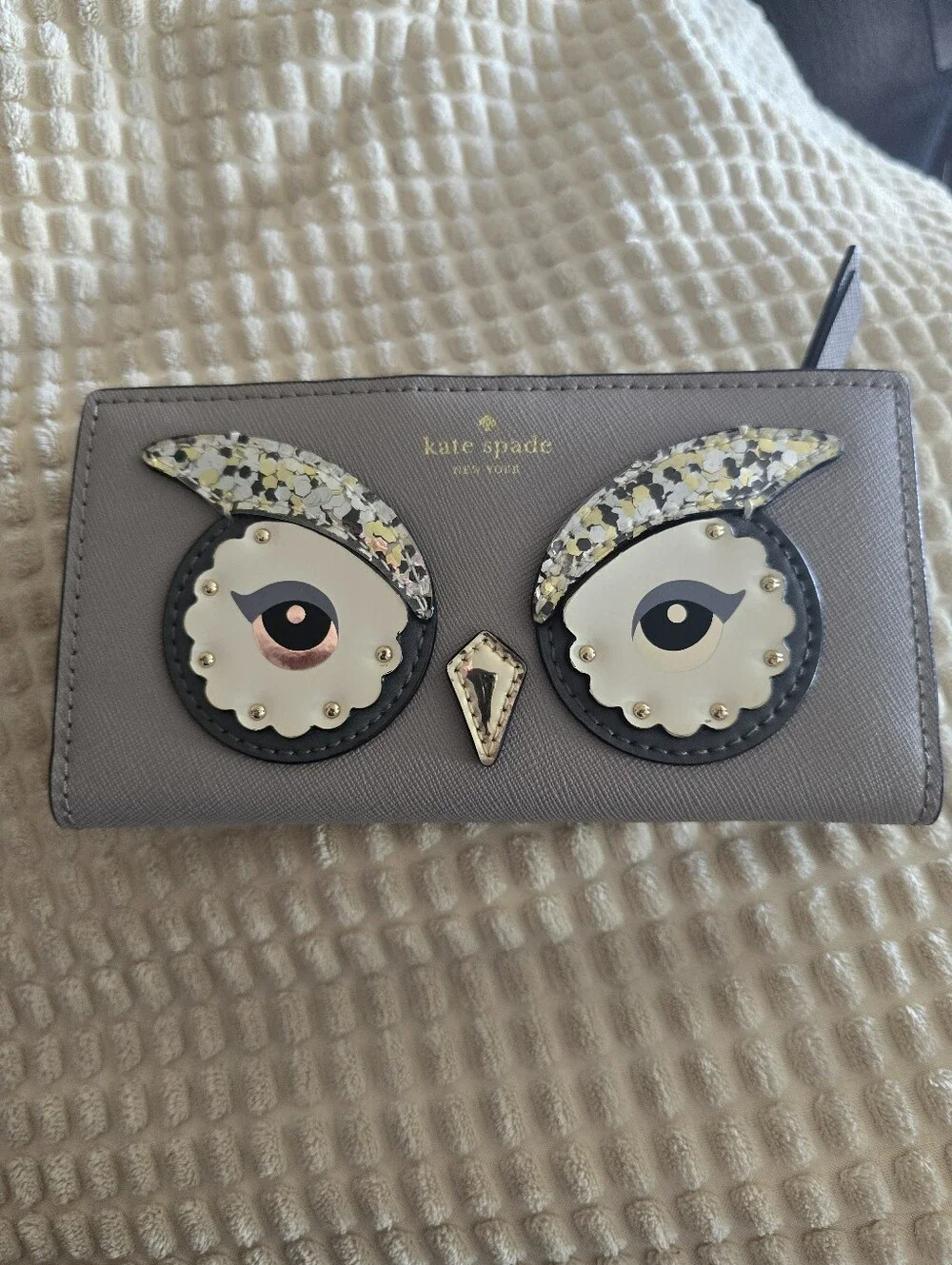 KATE SPADE Star Bright Cityscape Gray Owl Applique Leather Bifold Wallet Medium